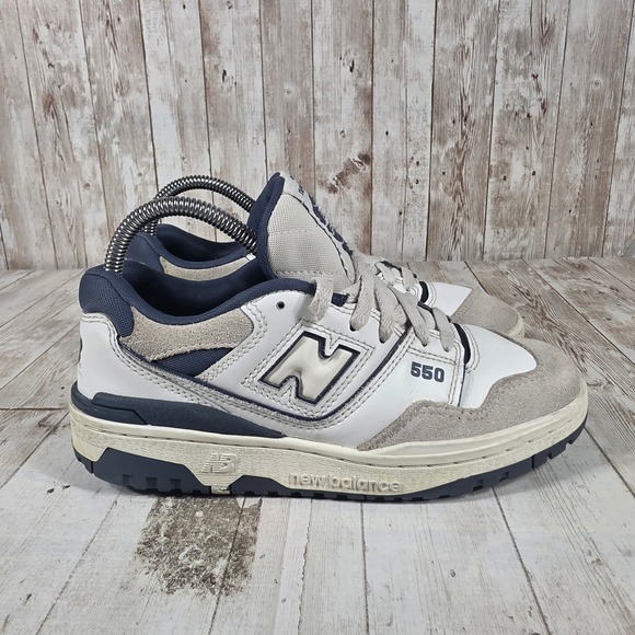 New Balance Shoes - New Balance 550 White Navy Grey Leather Suede Sneakers  Womens 7 Mens 5.5